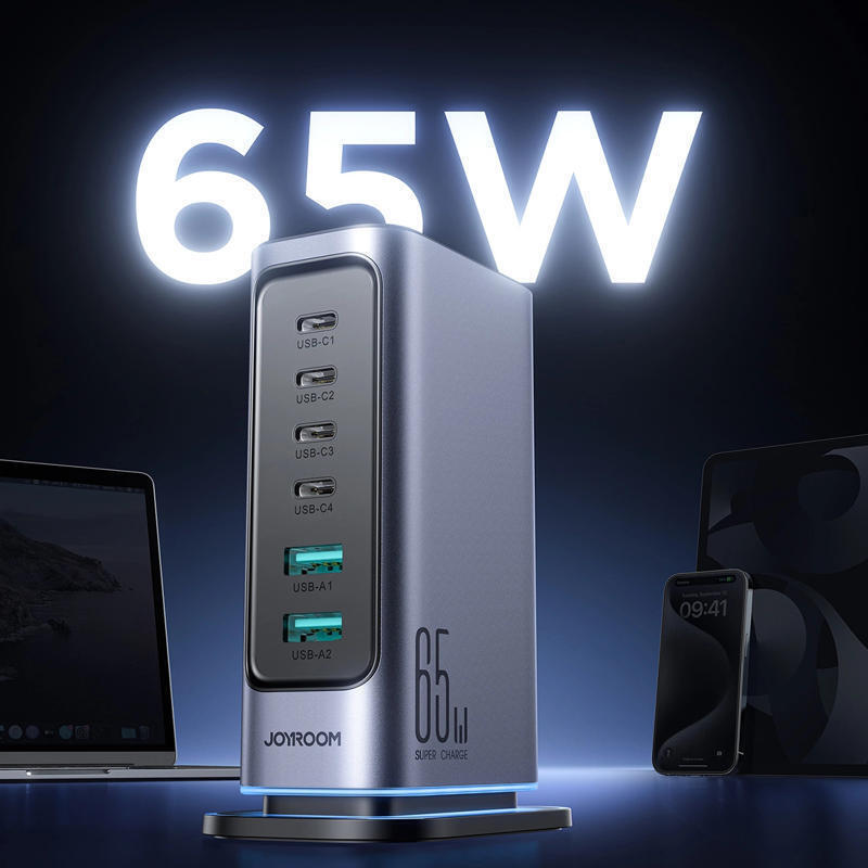 Joyroom Βάση Φόρτισης GaN με 2 Θύρες USB-A και 4 Θύρες USB-C 65W σε Γκρι χρώμα (JR-TCM02)