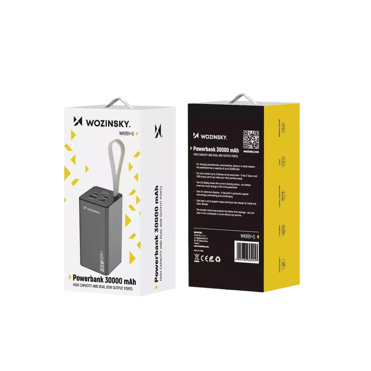 Wozinsky K65+ Power Bank 30000mAh 65W με Θύρα USB-A και 2 Θύρες USB-C Power Delivery Μαύρο